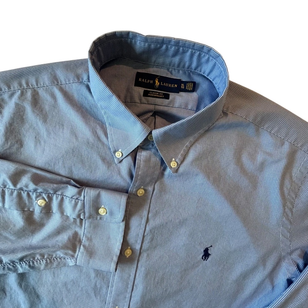Ralph Lauren Classic Fit Performance Shirt Blue Gingham Mens XL Long Sleeve